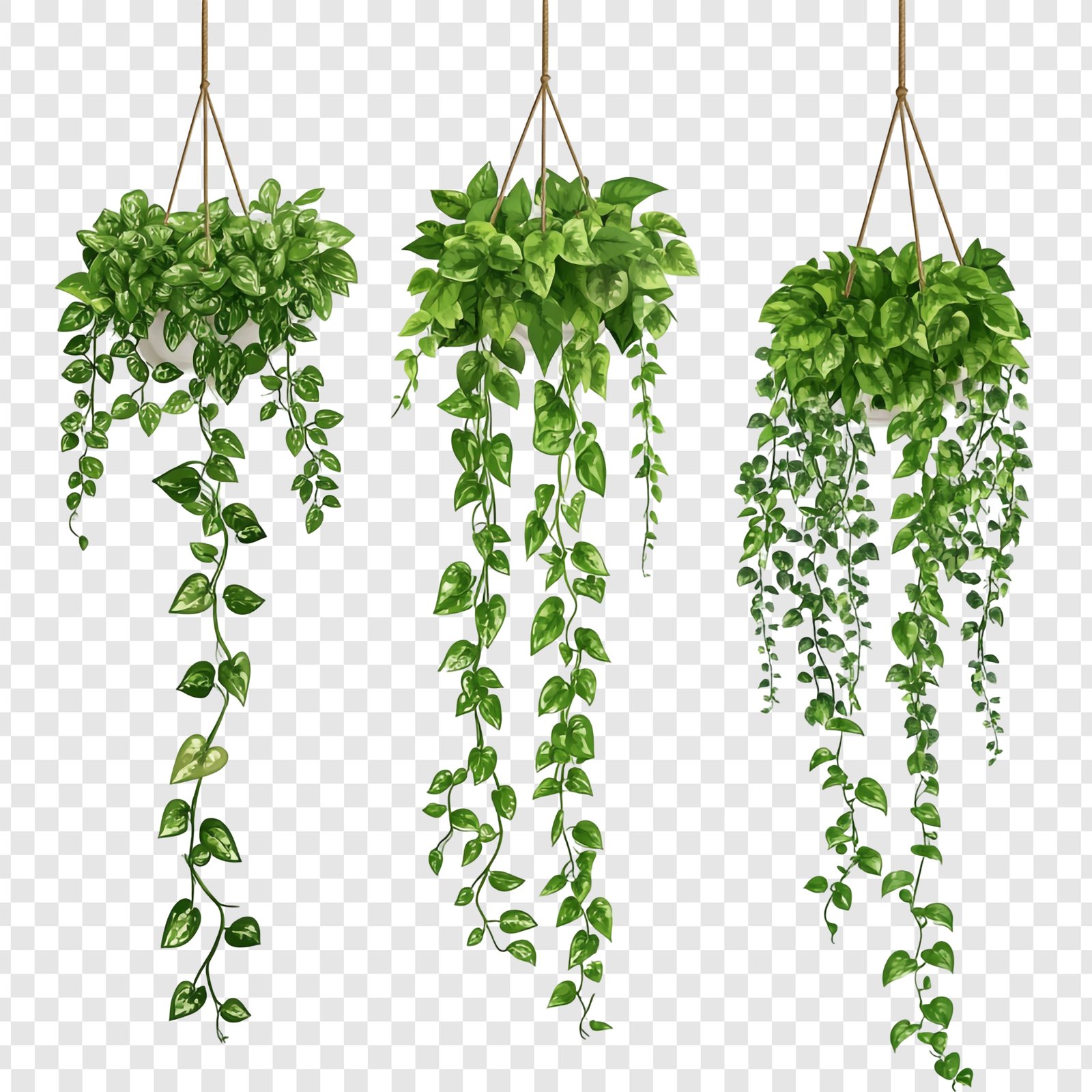 Three Hanging Plants with Lush Green Foliage